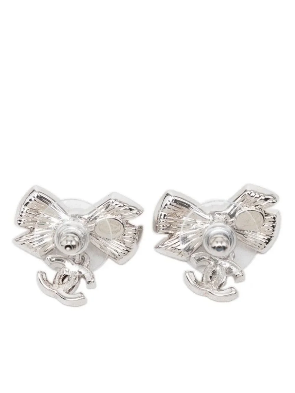 Chanel CC Logo Ribbon Stud Earrings Silver Pearl Rhinestone Metal